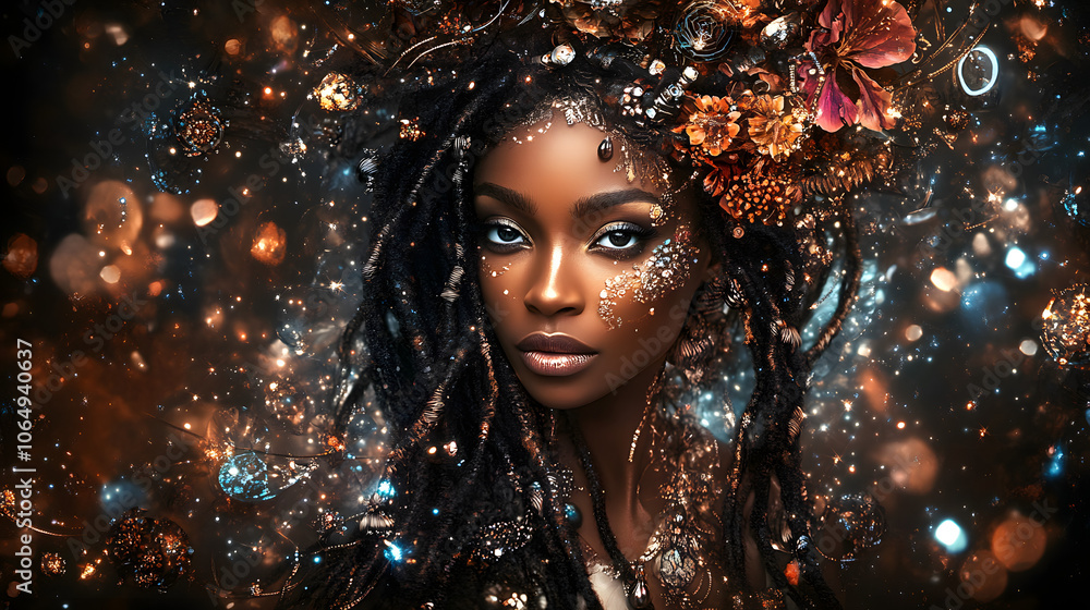 A Beautifully Crafted Image of an Exuberant African Princess Adorned in Floral Elements and Fractal Geometry in 4K A Beautifully Crafted Image of an Exuberant African Princess Adorned in Floral Elements and Fractal Geometry in 4K
