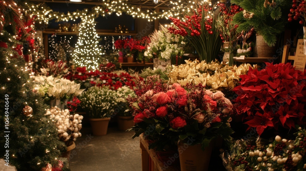 A flower shop filled with winter bouquets and pine stock photo A flower shop filled with winter bouquets and pine stock photo