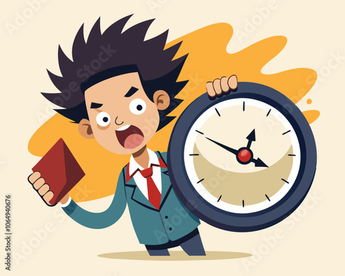 Cartoon Man Holding Large Clock – Time Management and Deadline Concept Illustration