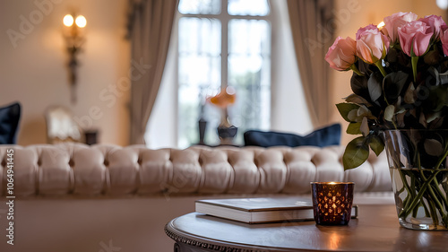 Cozy living room scene featuring a tufted beige sofa, a table with a candle and books, and a vibrant bouquet of roses in a silver vase, illuminated by warm lighting. photo