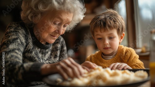 Little boy looking at his grandmother cooking at home