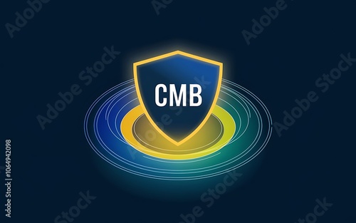 CMB Shield: A stylized, futuristic graphic of a blue shield with the letters "CMB" in a golden glow, encased within concentric circles of yellow and blue light on a dark blue background. 