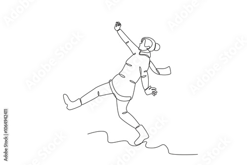 Continuous one line drawing. Woman who slipped while playing in the snow. Tourist sport concept. Vector illustration black on white
