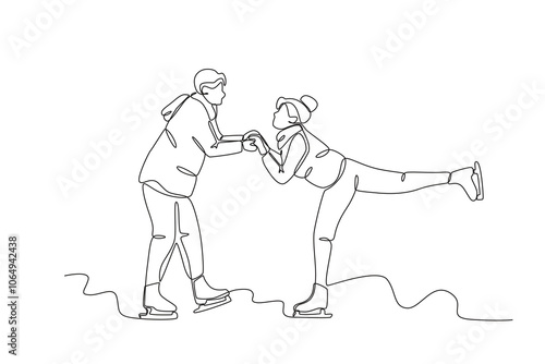 Continuous one line drawing. Couple ice skating in winter. Tourist sport concept. Vector illustration black on white