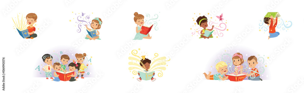 Little Boy and Girl Read Fairytale Book Dream of Imaginary World Vector Set Little Boy and Girl Read Fairytale Book Dream of Imaginary World Vector Set