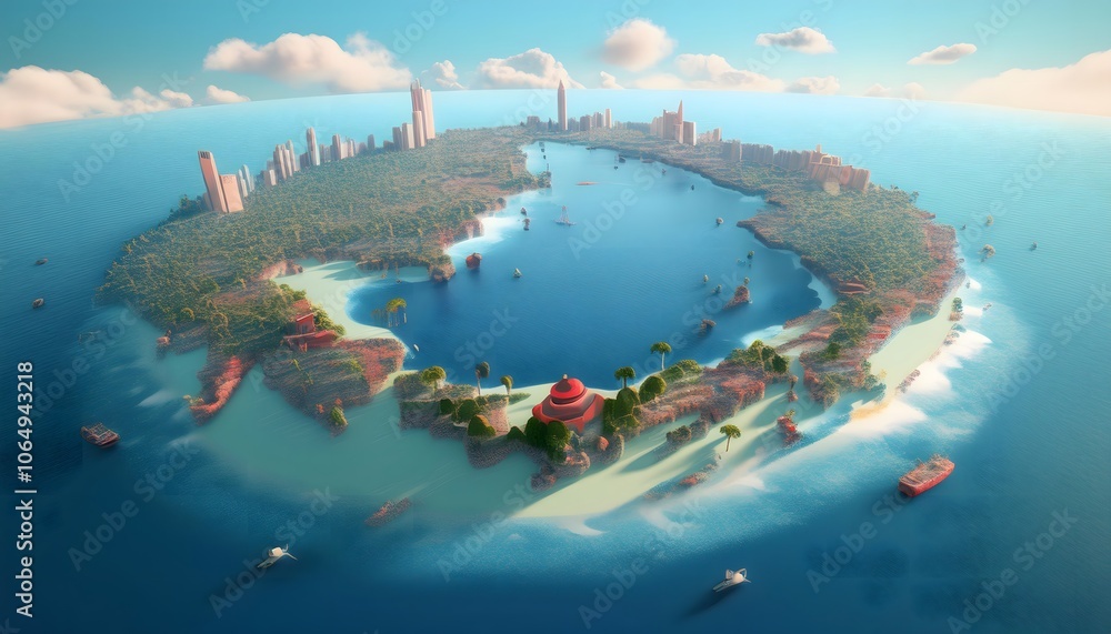 Naklejka premium ASEAN Trade Network, 3D visualization of interconnected buildings and technology for trade.