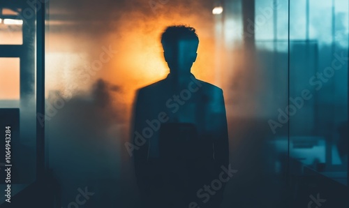 Silhouette of person standing behind glass.