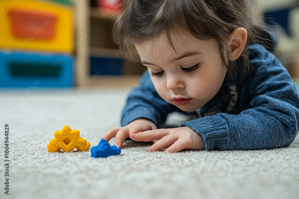 Fototapeta premium A classroom designed for playful learning where children explore educational stations that teach them about numbers, letters and social interaction.