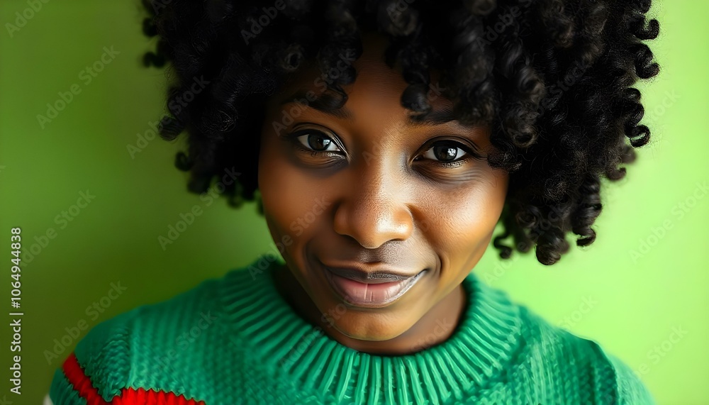 Black African American woman wearing a bright green Christmas sweater isolated on a bright green background with copy space Black African American woman wearing a bright green Christmas sweater isolated on a bright green background with copy space