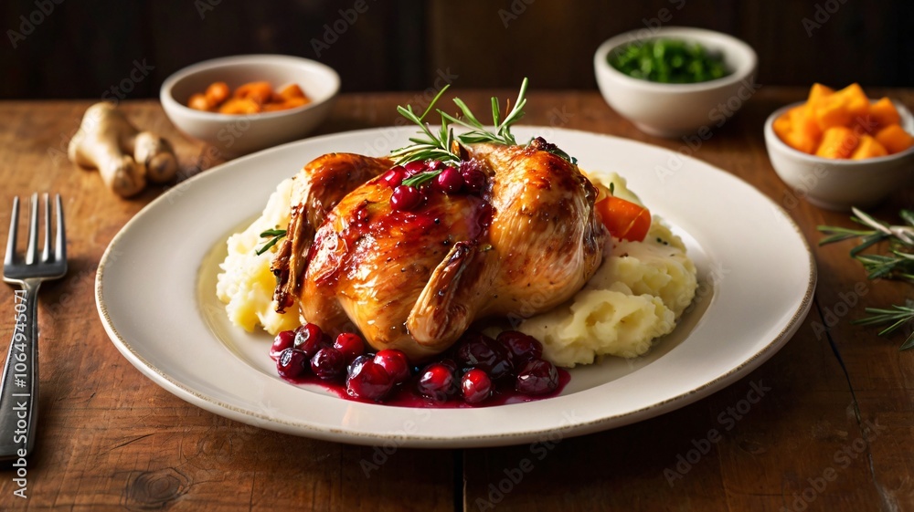Roasted Chicken with crispy skin, cranberry sauce, and sides V4 Roasted Chicken with crispy skin, cranberry sauce, and sides V4