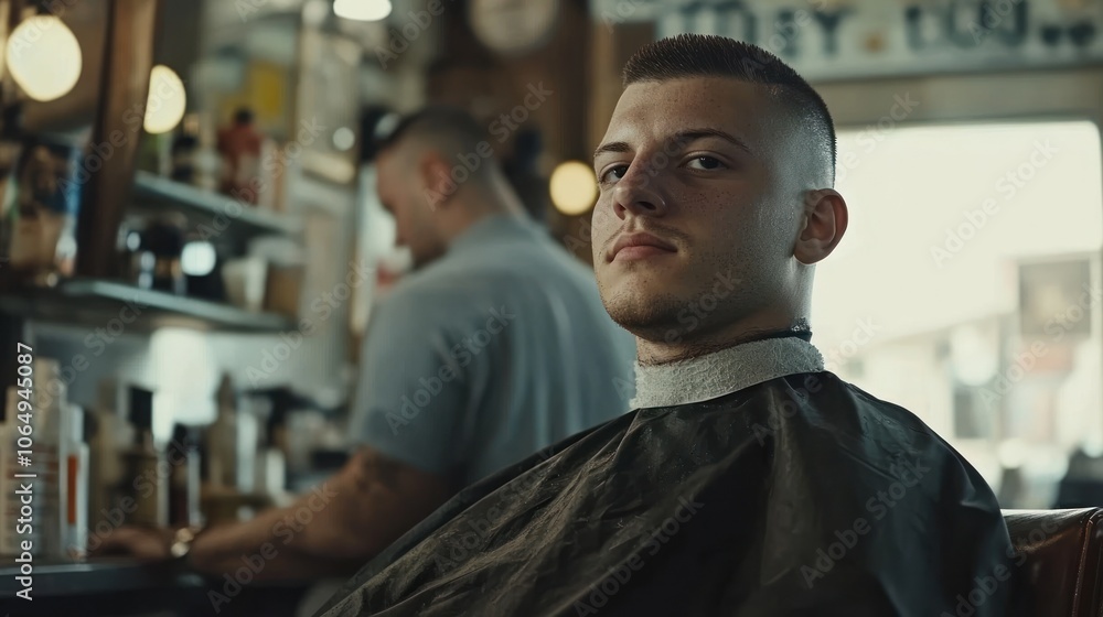 A young man sits in a barber's chair, preparing for a haircut in a classic barbershop setting. A young man sits in a barber's chair, preparing for a haircut in a classic barbershop setting.