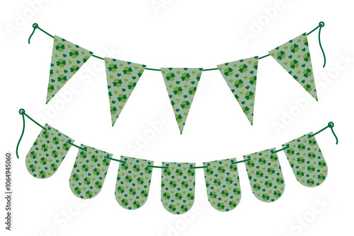 Triangular and Rounded Pennants patterned quatrefoil clover and hearts in trendy monochrome green