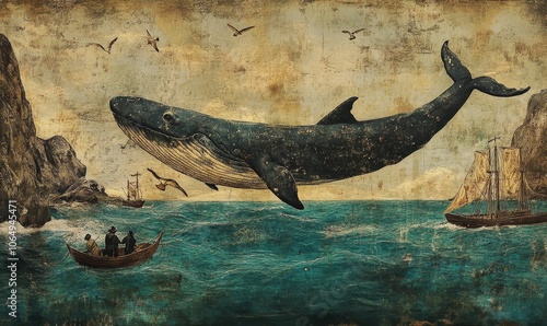 A whale leaps over a boat in the sea.