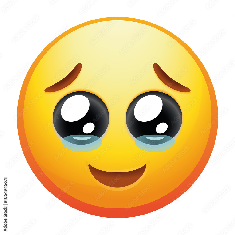 Fototapeta premium An emoji face holding back tears, featuring a big smile and glistening eyes, conveying a mix of joy and overwhelming emotions in bright yellow.