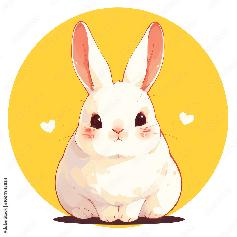 Fototapeta premium A cute, cartoon-style white rabbit sitting against a bright yellow background with hearts.
