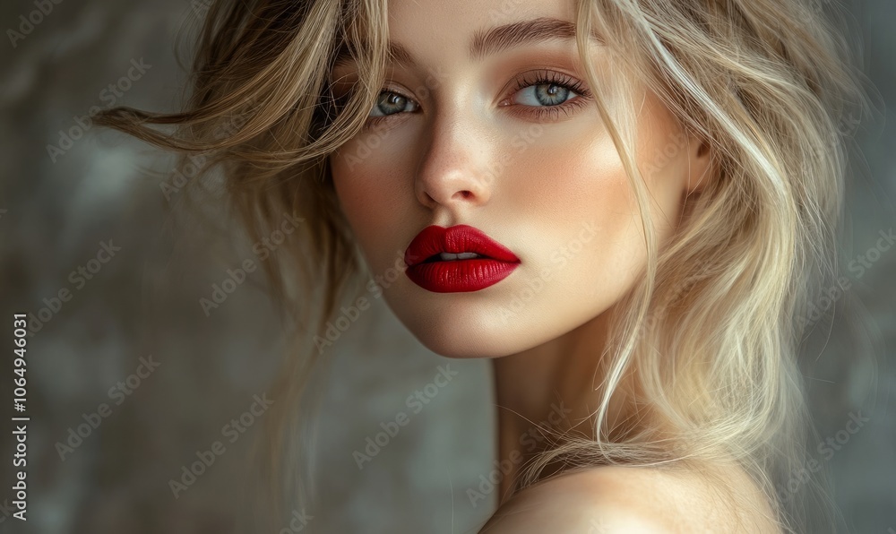Beautiful young woman with blonde hair and bold red lipstick showcasing modern femininity and elegance Beautiful young woman with blonde hair and bold red lipstick showcasing modern femininity and elegance