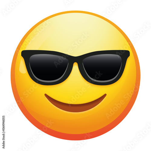 A cool emoji smiling face with sunglasses, exuding confidence and fun with a bright smile and vibrant yellow colors.
