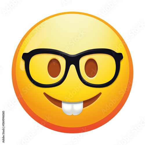 A quirky emoji nerd face with oversized glasses and a big smile, radiating intelligence and playfulness in bright yellow colors.