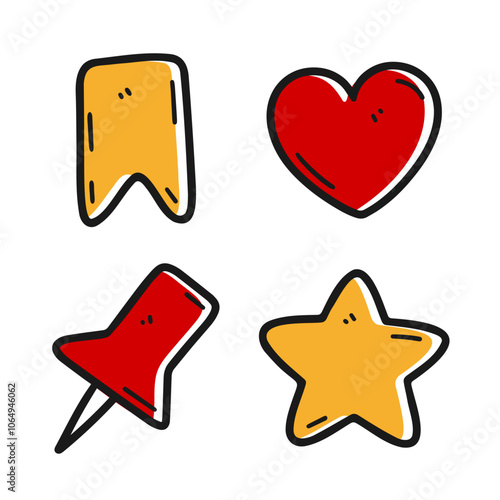 A playful set of hand drawn doodle icons including a bookmark, heart, pin, and star. Ideal for web design, app interfaces, and social media elements. Simple and charming illustrations