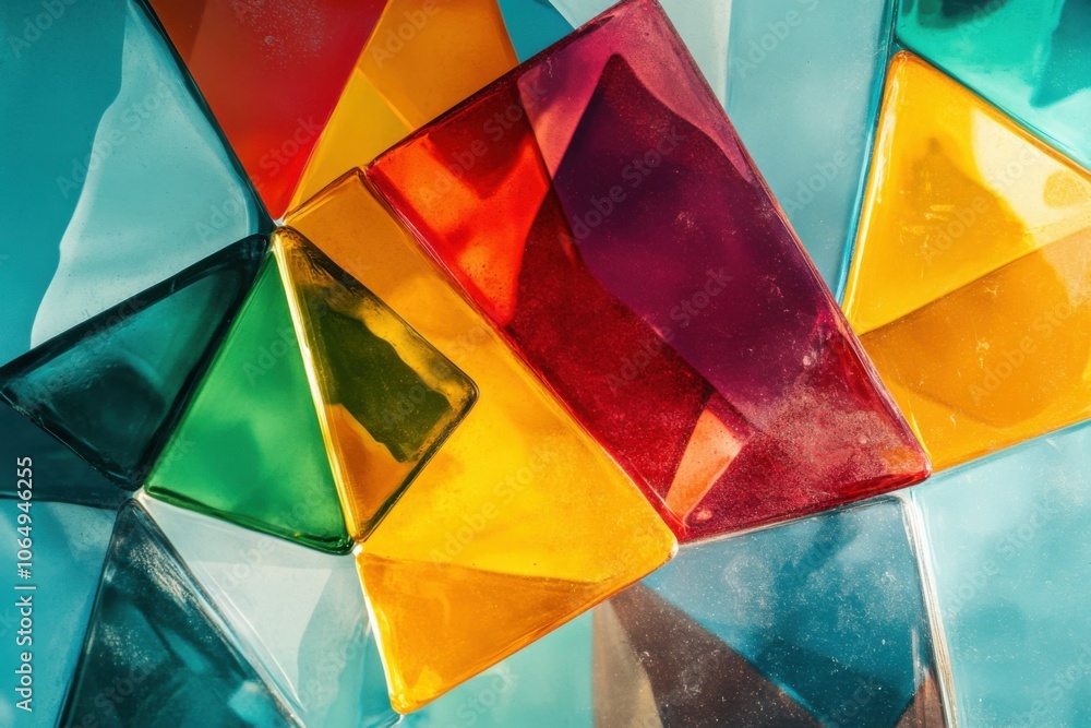 Fototapeta premium Colorful layered glass shapes over a turquoise backdrop. Playful geometric composition resembling a kaleidoscope of colors and light