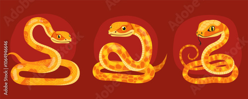 Collection of cute yellow snakes on red background. Reptile, animal, zodiac cartoon character, mascot, symbol of the year. Curved spotted snakes. New Year of the Snake.