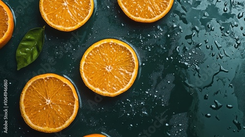 A vibrant background of sliced oranges scattered across a dark green surface, with a few drops of water for a juicy effect.