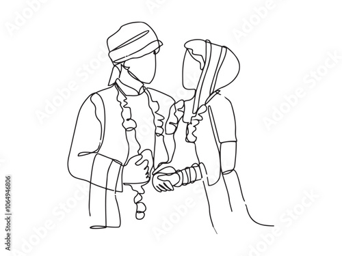 One continuous line drawing of Indian wedding ceremony vector illustration bride complete with wedding costume design illustration simple linear style vector concept. Indian design vector.
