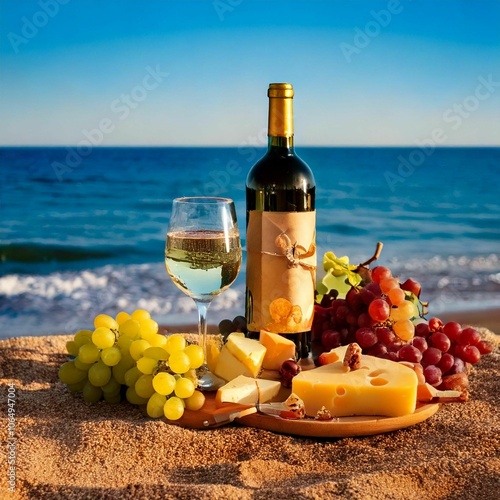 a bottle of wine food on the seaschore photo