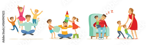 Exhausted Dad and Mom with Hyperactive Child Claiming Attention Vector Set