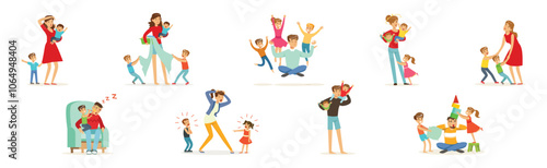 Exhausted Dad and Mom with Hyperactive Child Claiming Attention Vector Set