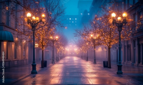 Empty foggy street with lamp posts.