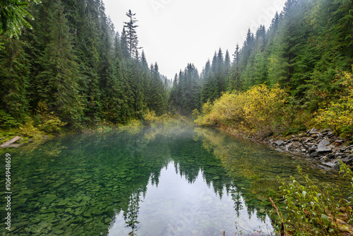 Lake Rosokhan near Osmoloda in Ivano-Frankivsk region, Ukraine. The leaf fall forest is reflected in water of lake. Autumn landscape.