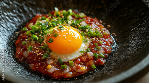 Korean yukhoe topped with raw egg yolk and mixed with photo