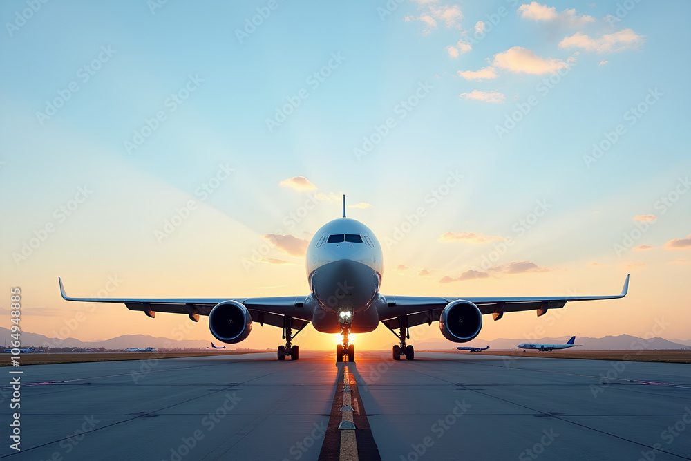 Obraz premium Cargo aircraft on the runway Aviation industry and planes Air transport and aerial journeys Worldwide logistics Flying in the air Creative photography Business-centered perspective 