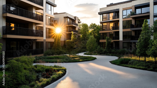 Modern residential apartment buildings with large balconies surrounded by landscaped gardens and pathways at sunset with sunlight streaming through trees.