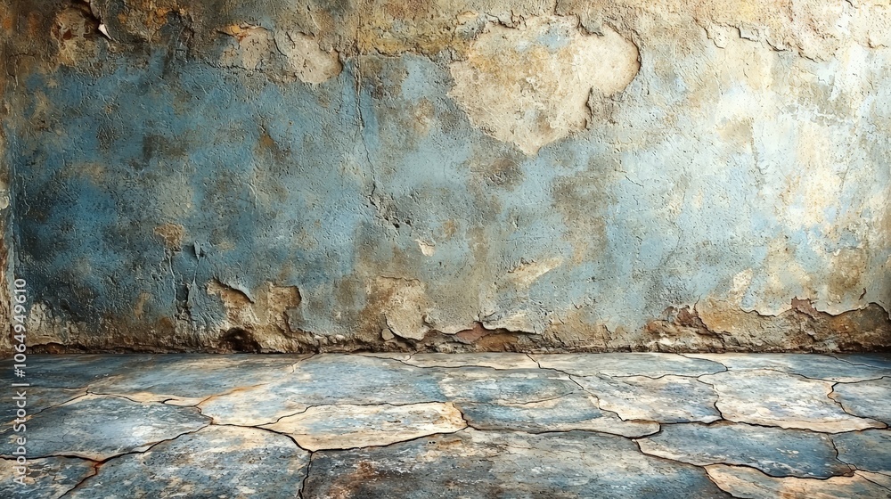 A weathered blue wall and floor, showcasing peeling paint and textures, ideal for backgrounds. A weathered blue wall and floor, showcasing peeling paint and textures, ideal for backgrounds.