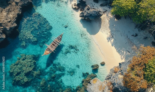 Boat anchored in turquoise water, white sandy beach. photo