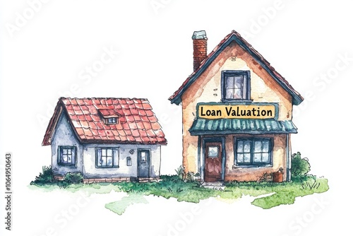 Wallpaper Mural Illustration of two houses, one labeled 'Loan Valuation'. Perfect for real estate and finance concepts. Torontodigital.ca