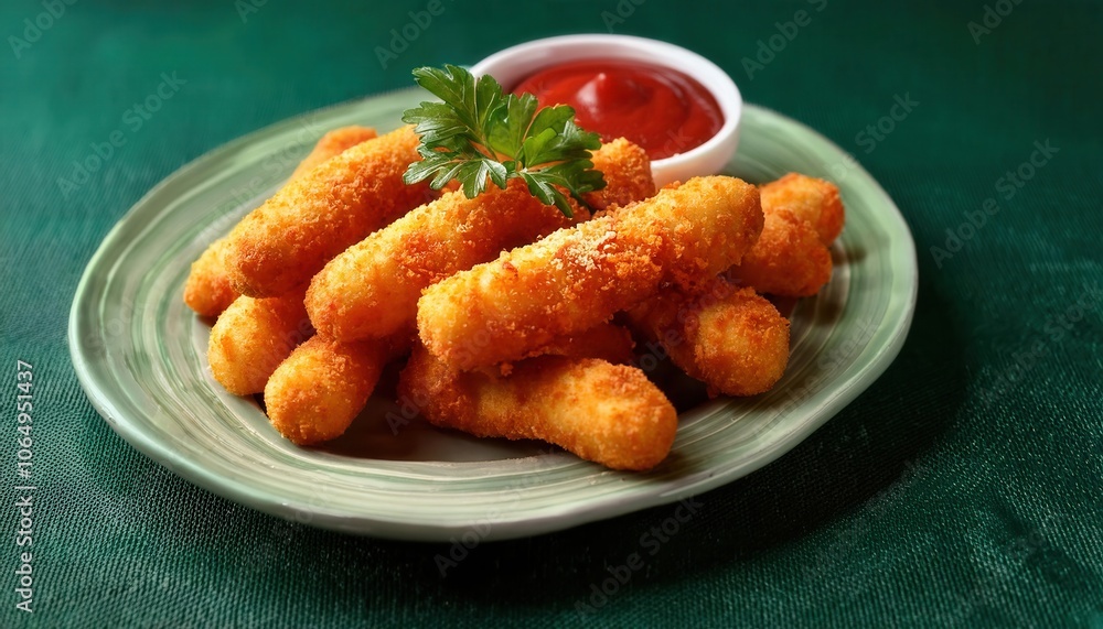 Crispy Breaded Mozzarella Sticks with Tangy Tomato Dipping Sauce in Bowl. Classic Finger Food Appetizer Perfect for Parties, Gatherings, or Casual Snacking on Green Background Crispy Breaded Mozzarella Sticks with Tangy Tomato Dipping Sauce in Bowl. Classic Finger Food Appetizer Perfect for Parties, Gatherings, or Casual Snacking on Green Background