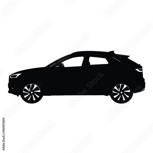 a black and white silhouette of a car. The car is shown in a side view,