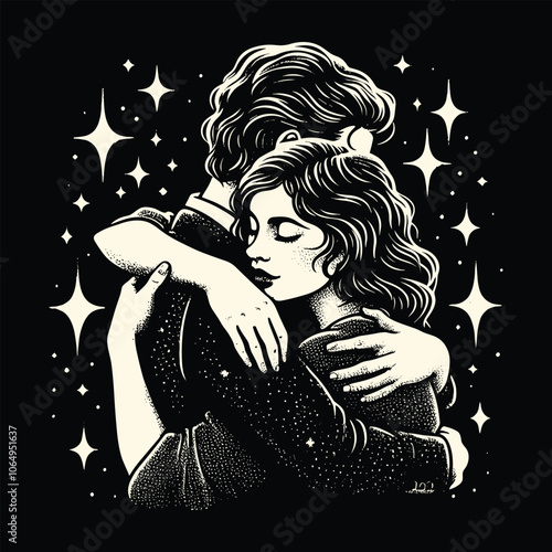 vintage couple in a loving embrace sharing passionate kiss, romance of bygone era sketch engraving vector illustration.