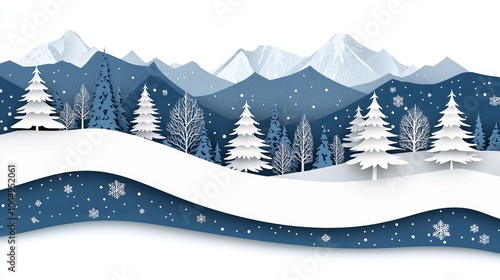Wallpaper Mural Winter landscape in paper cut style with snow-covered trees and mountains, leaving the middle area clear for text. Torontodigital.ca