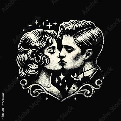 vintage couple in a loving embrace sharing passionate kiss, romance of bygone era sketch engraving vector illustration.