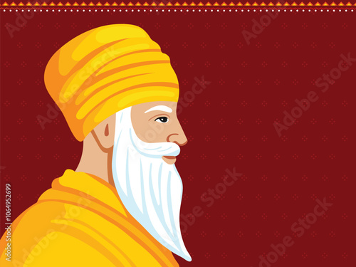 Happy Guru Nanak Jayanti Greeting Card with Guru Nanak Dev Ji Character on Red Background and Copy Space.