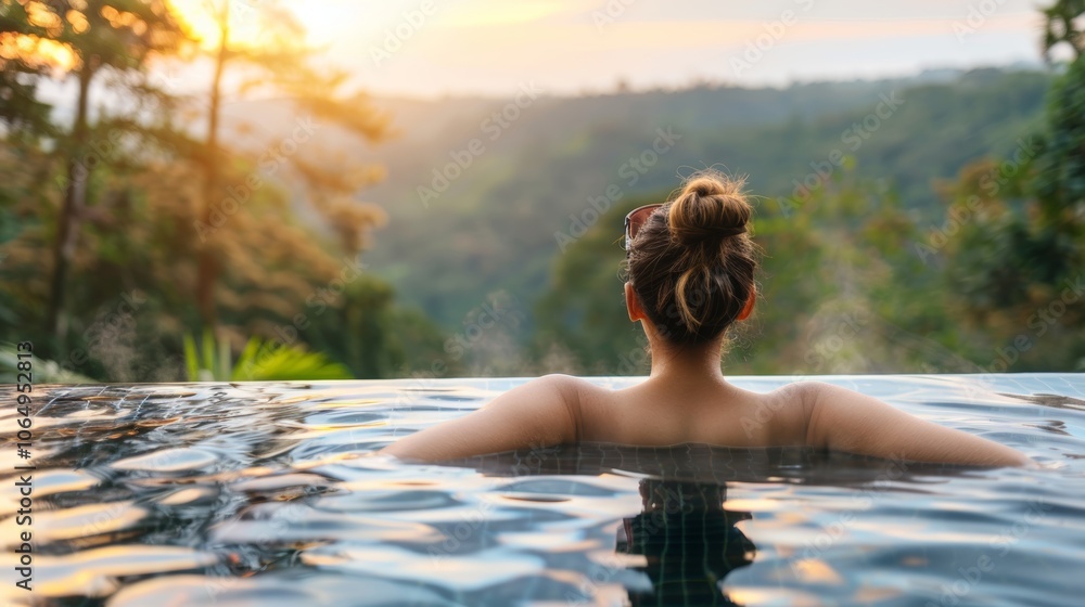 Woman relaxes in a serene infinity pool surrounded by breathtaking mountain views at sunset Woman relaxes in a serene infinity pool surrounded by breathtaking mountain views at sunset