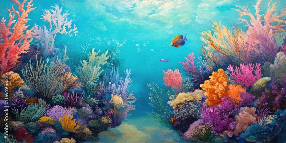 Obraz premium Coral set against a turquoise backdrop showcases the lively and colorful life found under the sea, highlighting the vibrant underwater ecosystem.