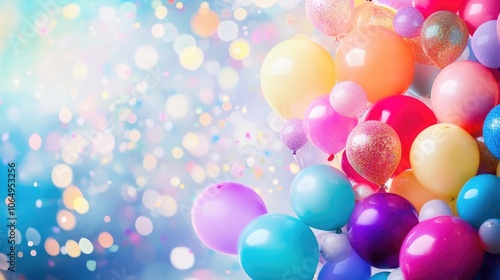 Colorful balloons create a vibrant atmosphere in the background of a birthday party celebration, with space for a banner to enhance the festive mood. Perfect for birthday party themes. photo