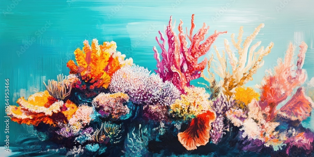 Obraz premium Coral set against a turquoise backdrop showcases the lively and colorful life found under the sea, highlighting the vibrant underwater ecosystem.
