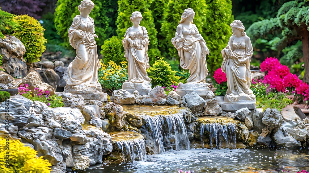 Four white statues of women stand in a garden with a waterfall. Four white statues of women stand in a garden with a waterfall.
