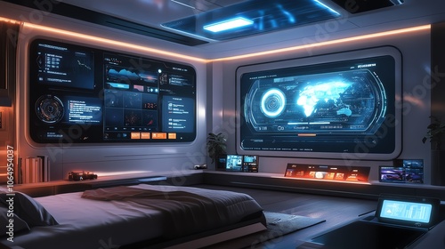 Smart home dashboard, futuristic design, blockchainbased security, seamless user experience photo